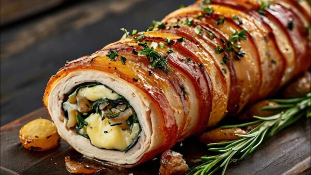 Kuřecí roláda se špenátem, žampiony a křupavou slaninou