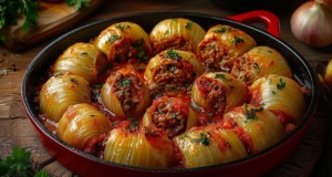 Zapečené cibulové závitky s kuřecím masem a rýží: Aromatický recept Zapečené cibulové závitky s kuřecím masem a rýží ve voňavé omáčce