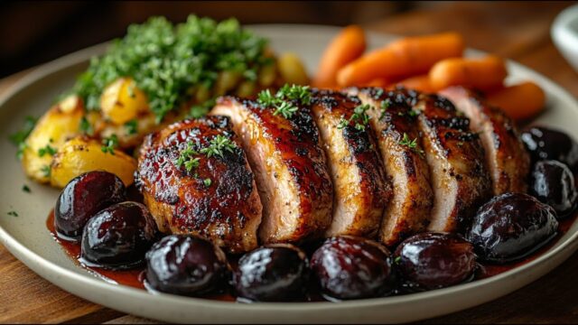 Vepřová panenka ve švestkovo-vínové omáčce s medem a bylinkami, podávaná s pečenými bramborami a baby karotkou Vepřová panenka ve švestkovo-vínové omáčce s medem a bylinkami, podávaná s pečenými bramborami a baby karotkou