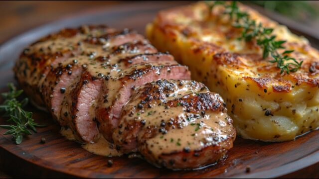 Vepřová panenka s paprikovou omáčkou a gratinovanými bramborami