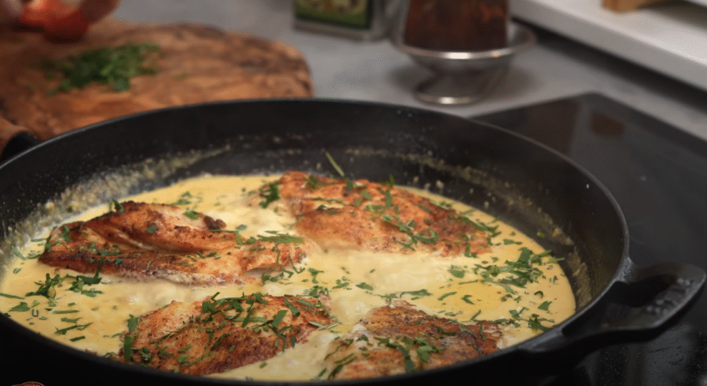 Kuřecí prsa v jemné česnekovo-parmazánové omáčce – lahodná krémová harmonie, která se doslova rozplývá na jazyku