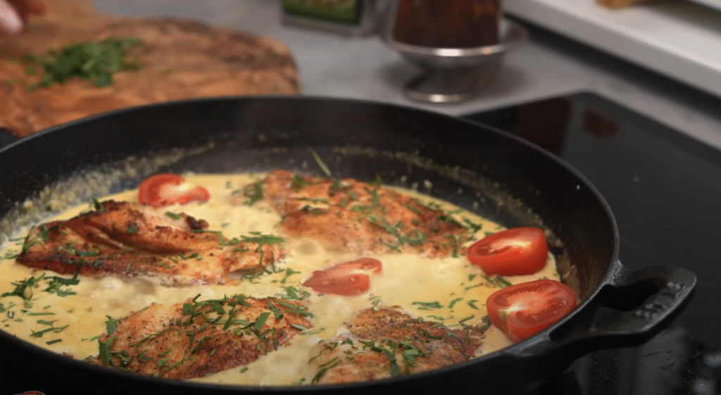 Kuřecí prsa v jemné česnekovo-parmazánové omáčce – lahodná krémová harmonie, která se doslova rozplývá na jazyku