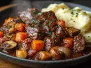 Delikátní Boeuf Bourguignon - francouzské hovězí na červeném víně s kořenovou zeleninou a žampiony