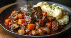 Boeuf Bourguignon: Francouzské hovězí na víně s kořenovou zeleninou a žampiony Delikátní Boeuf Bourguignon - francouzské hovězí na červeném víně s kořenovou zeleninou a žampiony