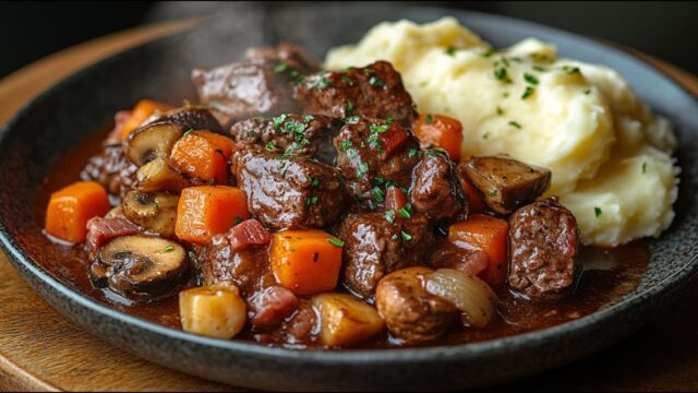 Delikátní Boeuf Bourguignon - francouzské hovězí na červeném víně s kořenovou zeleninou a žampiony Delikátní Boeuf Bourguignon - francouzské hovězí na červeném víně s kořenovou zeleninou a žampiony