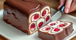 Nepečený čokoládový palačinkový dort s mascarpone krémem a třešňovým džemem Nepečený čokoládový palačinkový dort s mascarpone a třešňovým džemem