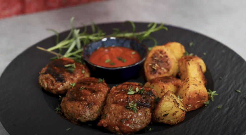 Masové hovězí placičky s jemnou rajčatovou omáčkou a křupavými pečenými bramborami – domácí klasika v novém kabátě