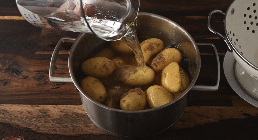 Dušené hovězí maso s cibulovou omáčkou a kořeněnými bramborami