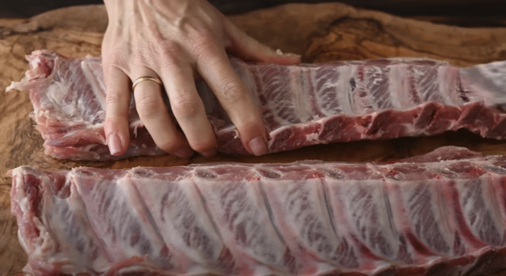 Gurmánská vepřová žebírka s česnekem v rajčatové omáčce s restovanými houbami se slaninou a bagetou