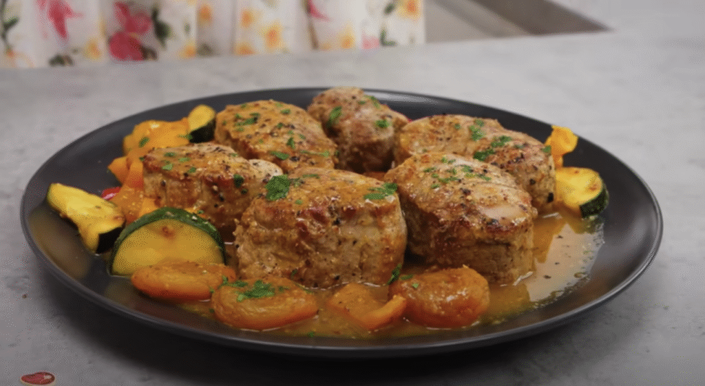 Delikátní vepřové medailonky na medu s restovanou zeleninou a meruňkami