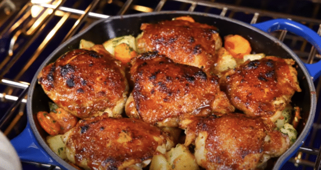 Pečená kuřecí stehna s medovo-citronovou glazurou a zeleninou