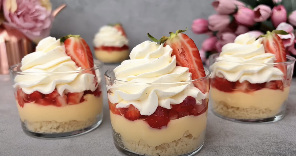 Lehký jahodový pohár s vanilkovým pudinkem a šlehačkou - svěží jahodový dezert plný chutí a vůní
