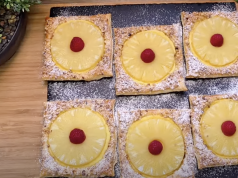 Rychlé čtverce z listového těsta s vanilkovým krémem, ananasem a malinou Rychlé čtverce z listového těsta s vanilkovým krémem, ananasem a malinou