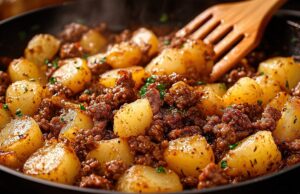 Smažené brambory s mletým hovězím masem na jedné pánvi Smažené brambory s mletým hovězím masem – jednoduchá a sytá večeře na jedné pánvi