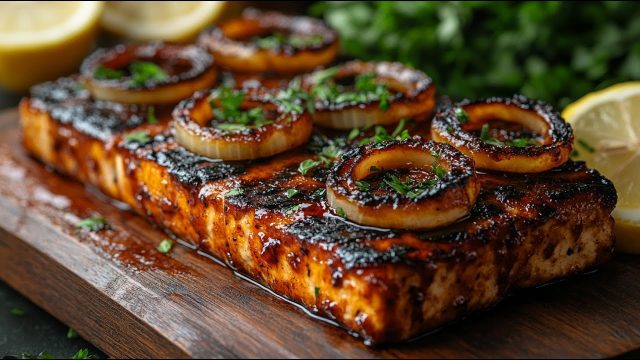 Lahodné marinované tofu s cibulovými kroužky a kouřovou BBQ omáčkou - vegetariánské menu pro všechny!