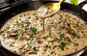 Krémové tagliatelle těstoviny s houbovou omáčkou, mletým masem a petrželkou Krémové tagliatelle s houbovou omáčkou z jíšky, mletým masem a čerstvou petrželkou - chutný oběd nebo večeře plná vůně hub a másla