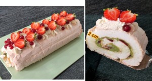 Malinovo-pistáciová roláda s pusinkovým korpusem a mascarpone krémem Malinovo-pistáciová roláda s pusinkovým korpusem a mascarpone krémem