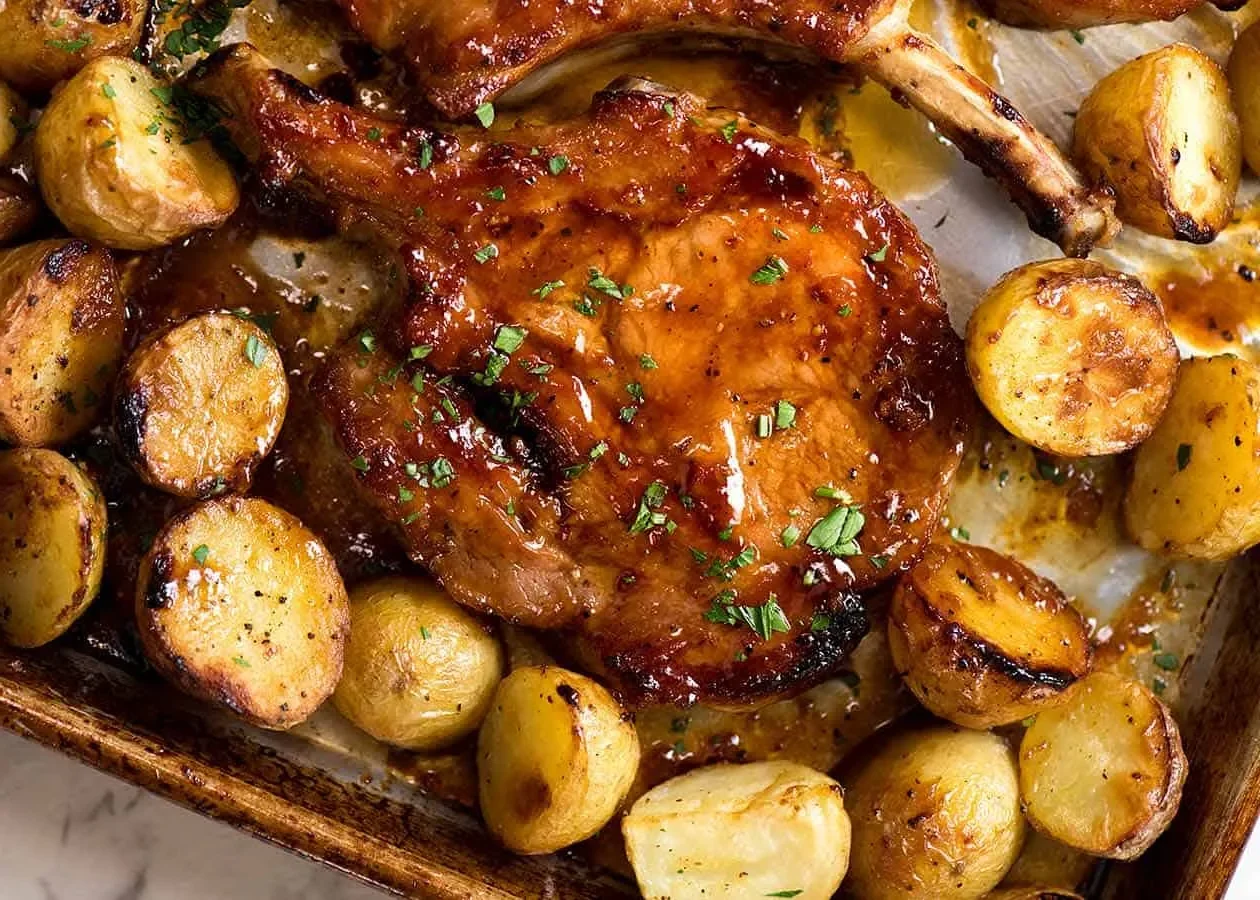 Šťavnaté pečené vepřové kotlety s bramborami v sladko-slané marinádě