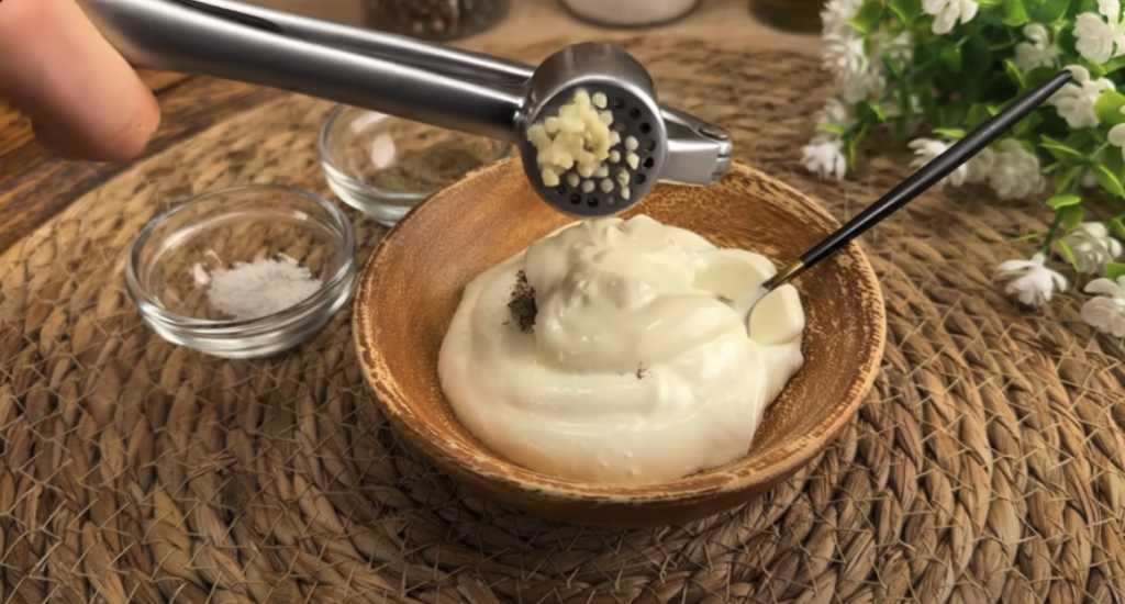 Domácí bramborové karbanátky plněné mini klobáskou se sýrem, zeleninou a česnekovým dipem