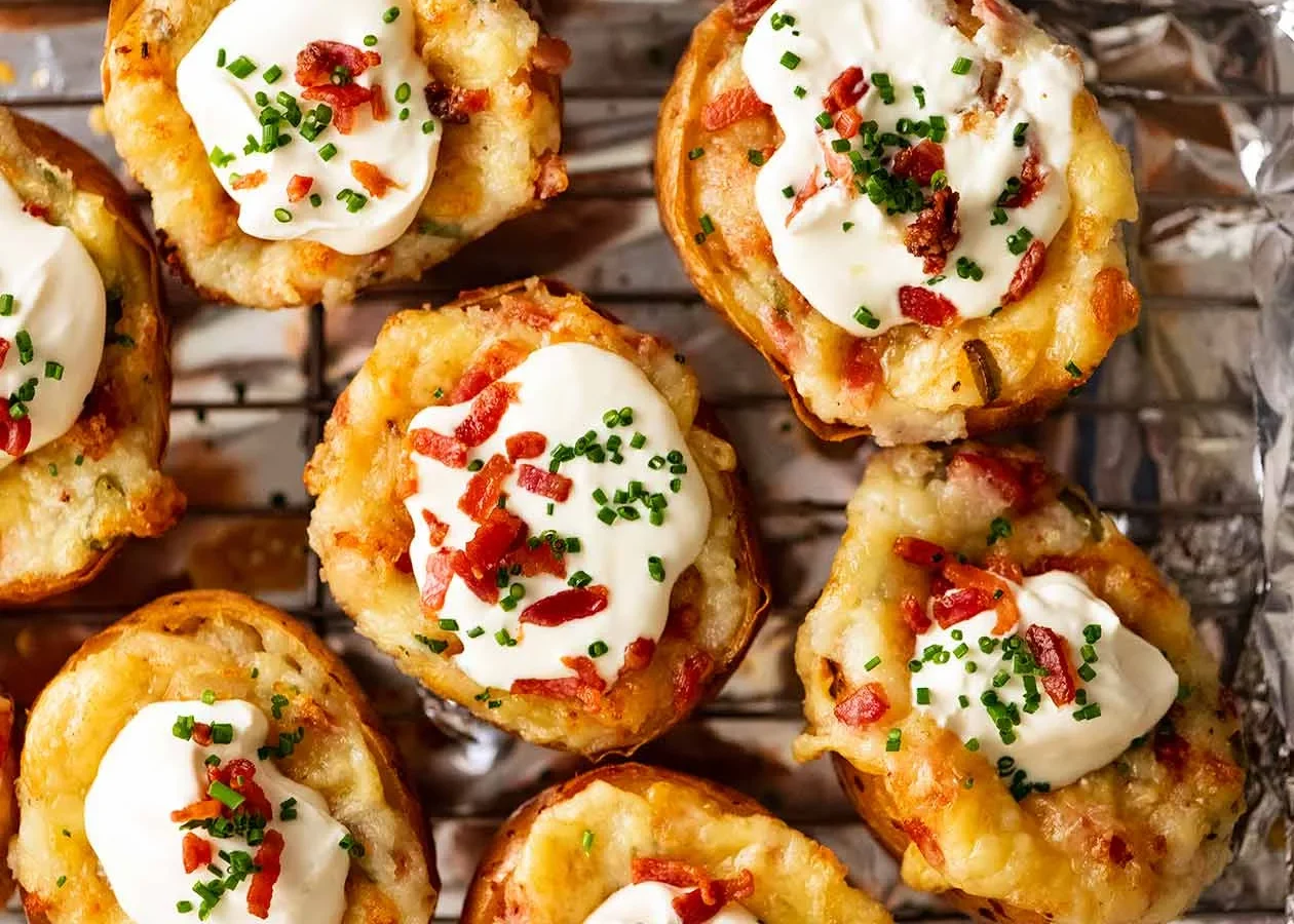 Dvakrát pečené brambory plněné krémovou sýrovou náplní s křupavou slaninou