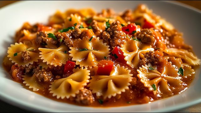 Těstoviny s mletým masem, fazolemi a červeným vínem v omáčce al pomodoro