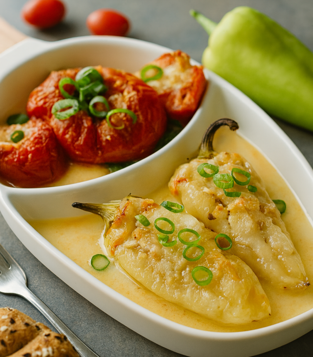 Pečená rajčata a papriky plněné jemnou sýrovo-brynzovou směsí