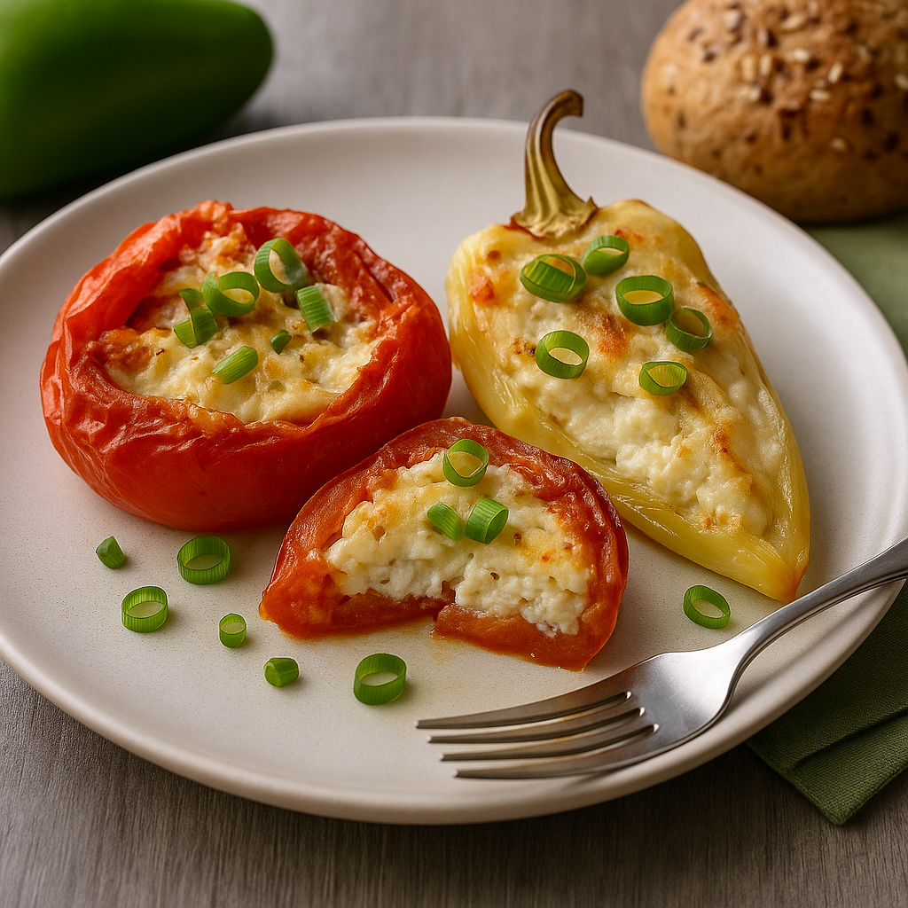 Pečená rajčata a papriky plněné jemnou sýrovo-brynzovou směsí