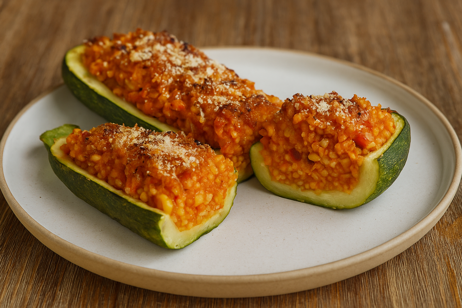 Zapečená cuketa s kuskusem, zeleninou a sýrem – lehký a chutný oběd