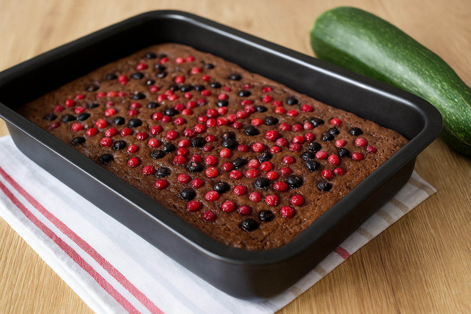 Šťavnatý bezlepkový cuketový koláč s kakaem a rybízem