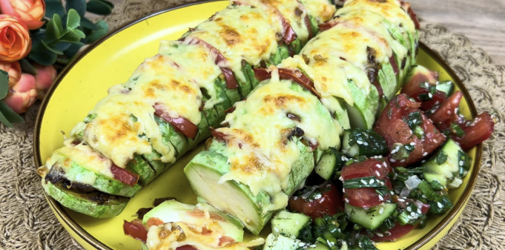 Plněná cuketa se zeleninovou směsí, rajčaty a sýrem – jednoduchý recept z trouby