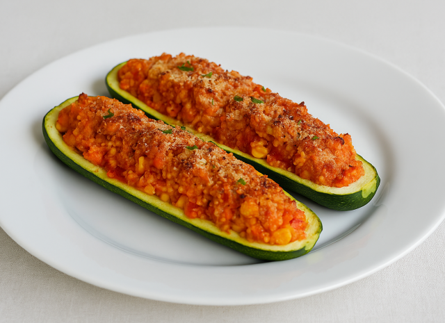 Zapečená cuketa s kuskusem, zeleninou a sýrem – lehký a chutný oběd