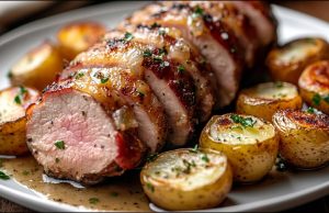 Vepřová panenka ve slanině s pečenými bramborami a jablečno-hořčicovou omáčkou Vepřová panenka ve slanině s pečenými bramborami a jablečno-hořčicovou omáčkou