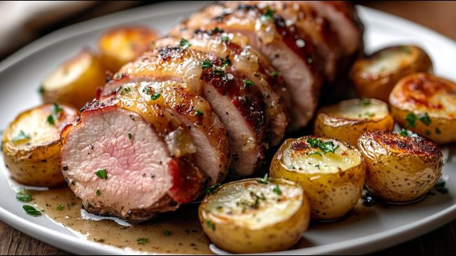 Vepřová panenka ve slanině s pečenými bramborami a jablečno-hořčicovou omáčkou