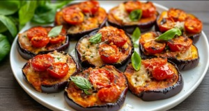 Vegetariánské lilkové mini pizzy s rajčatovou směsí a parmazánem Vegetariánské mini pizzy z lilku s rajčaty, parmazánem a bazalkou – zdravá a chutná alternativa klasické pizzy