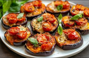 Vegetariánské mini pizzy z lilku s rajčaty, parmazánem a bazalkou – zdravá a chutná alternativa klasické pizzy