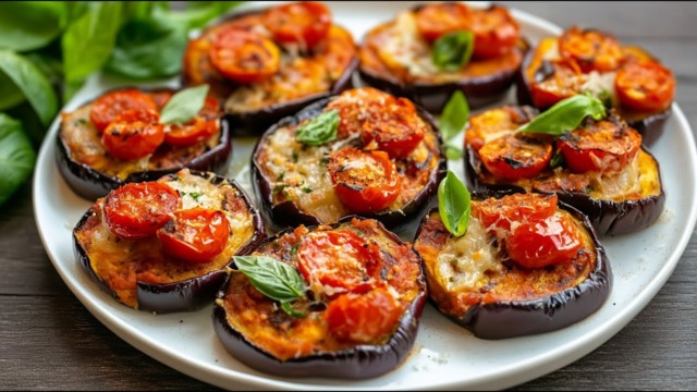 Vegetariánské mini pizzy z lilku s rajčaty, parmazánem a bazalkou – zdravá a chutná alternativa klasické pizzy Vegetariánské mini pizzy z lilku s rajčaty, parmazánem a bazalkou – zdravá a chutná alternativa klasické pizzy