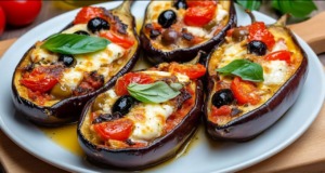 Zapečené lilky s rajčaty, mozzarellou a olivami – lehké jídlo ve středomořském stylu Zapečené lilky s rajčatovou omáčkou, mozzarellou a olivami ve středomořském stylu – lehké, voňavé a plné barev