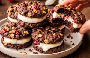 Zdravé kakaové cookies s třešněmi a pudinkovým krémem - fit dezert bez výčitek