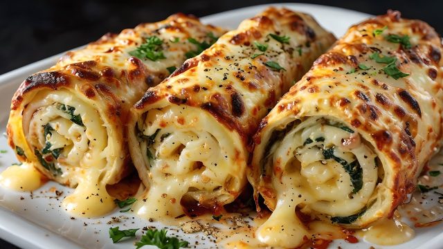 Lehké cuketové roládky plněné špenátem a sýrem z horkovzdušné fritézy Lehké cuketové roládky plněné špenátem a sýrem z horkovzdušné fritézy