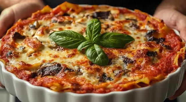 Plněné lasagnové trojúhelníky s lilkem, rajčatovou omáčkou a parmazánem