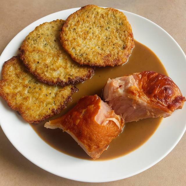 Chrumkavé bramboráčky s jemnou cibulovou omáčkou a uzeným masem - tradiční český recept Chrumkavé bramboráčky s jemnou cibulovou omáčkou a uzeným masem - tradiční český recept