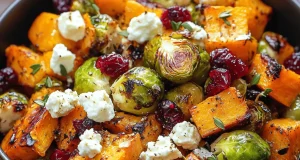 Podzimní pečená zelenina s brusinkovou glazurou a kozím sýrem: Luxusní salát z dýně, růžičkové kapusty a batátů Podzimní pečená zelenina s brusinkovou glazurou a kozím sýrem: Luxusní salát z dýně, růžičkové kapusty a batátů