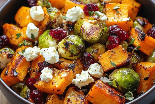 Podzimní pečená zelenina s brusinkovou glazurou a kozím sýrem: Luxusní salát z dýně, růžičkové kapusty a batátů