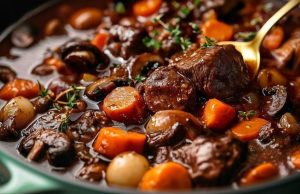 Pomalu dušené hovězí na víně s kořenovou zeleninou a krémovou bramborovou kaší