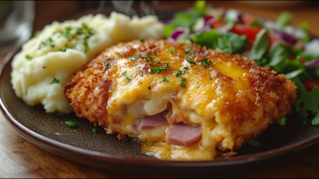 Kuřecí Cordon Bleu s bramborovým pyré – rychlý oběd nebo večeře Kuřecí Cordon Bleu s bramborovým pyré – rychlý oběd nebo večeře