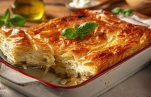 Zapečený středomořský koláč s lilkem a fetou v křupavém filo těstě Zapečený středomořský koláč s lilkem a fetou v křupavém filo těstě