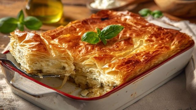 Zapečený středomořský koláč s lilkem a fetou v křupavém filo těstě