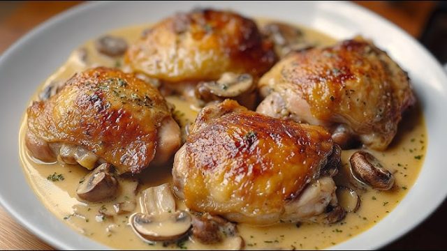Kuřecí stehna v krémové žampionové omáčce s parmazánem + restované brambory