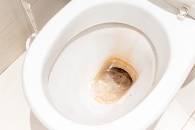 Dirty unhygienic toilet bowl with limescale stain at public restroom close up Jak vyčisti špinavý záchod.
