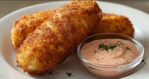 Kuřecí rolky v panko strouhance – plněné zeleninou, šunkou a mozzarellou s koprovým dipem Kuřecí rolky v panko strouhance – plněné zeleninou, šunkou a mozzarellou s koprovým dipem